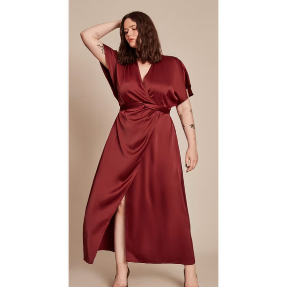11 Honore Precious Dress Satin Surplice Choker Faux Wrap Maxi Burgundy NWT Sz 14 - Picture 1 of 16